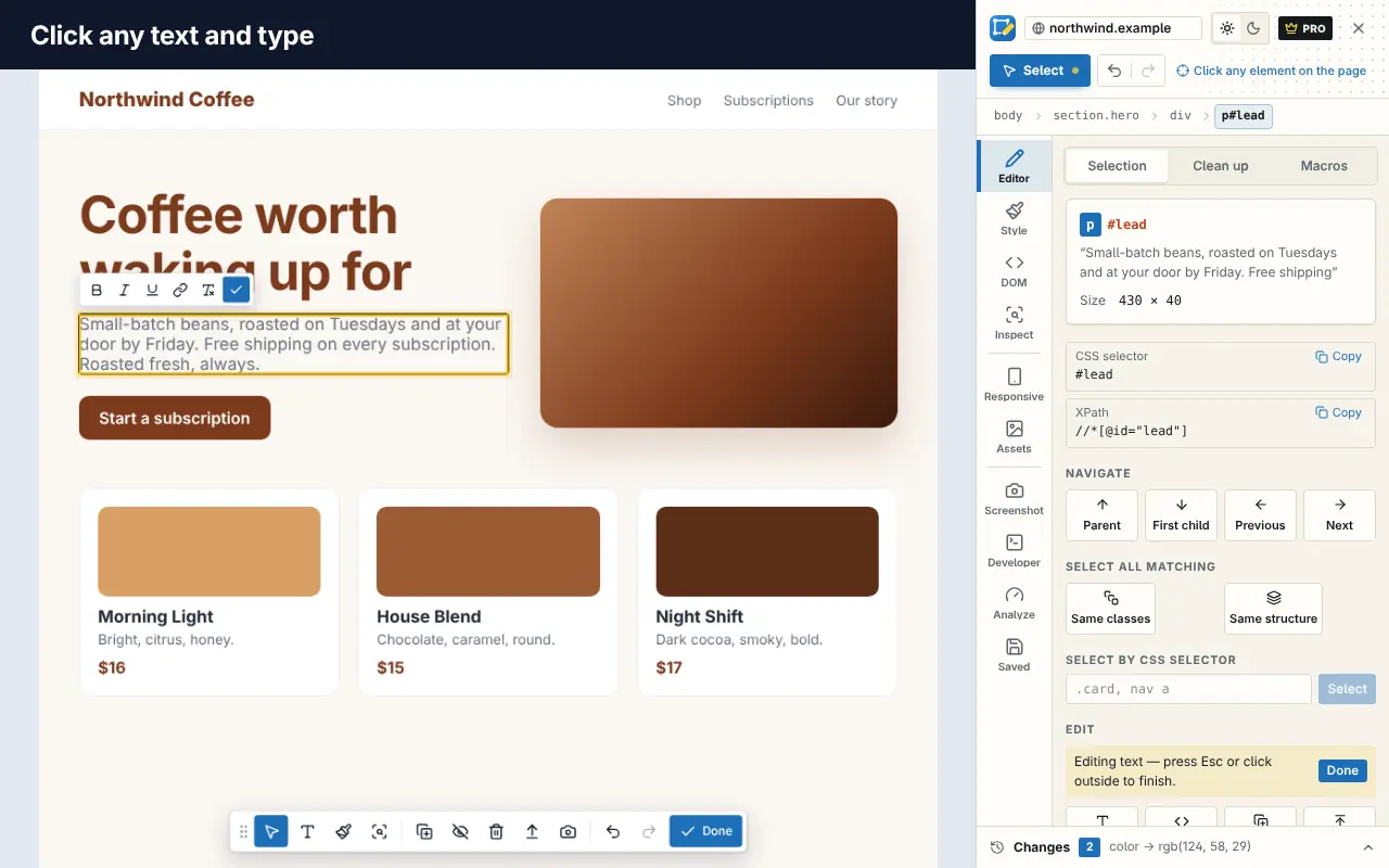 Edit Page editing a headline inline, with a formatting bar above the text