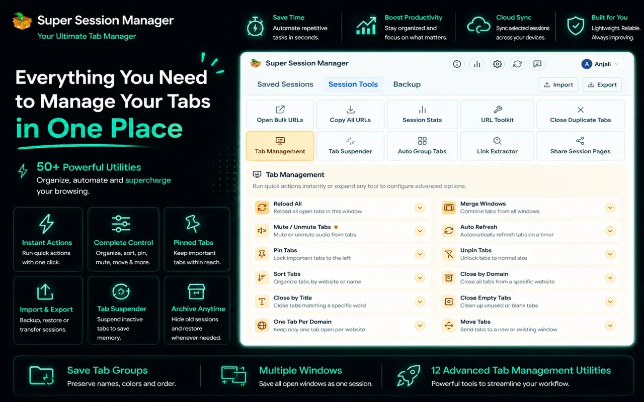 Tab management tools in Super Session Manager