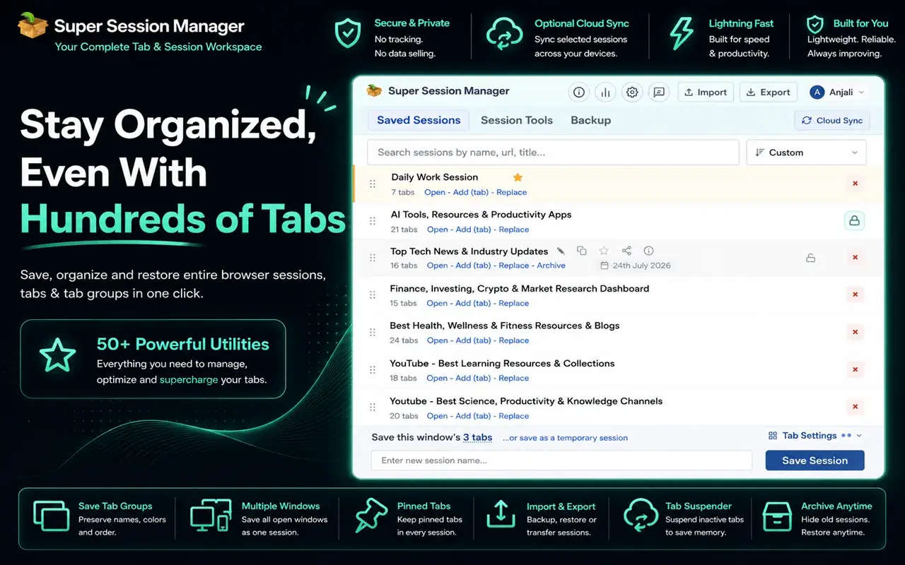 Super Session Manager listing saved sessions with their tabs and restore options