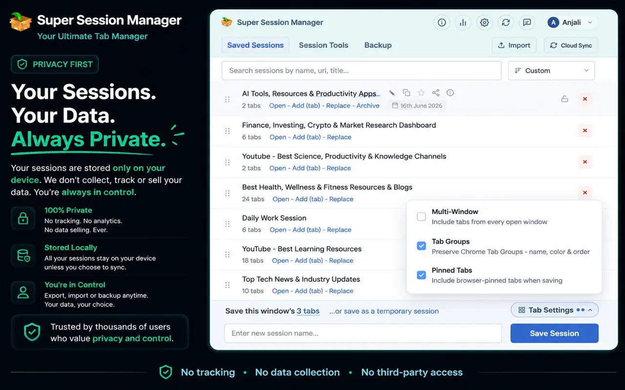 Super Session Manager saving a window with options to include tab groups and pinned tabs