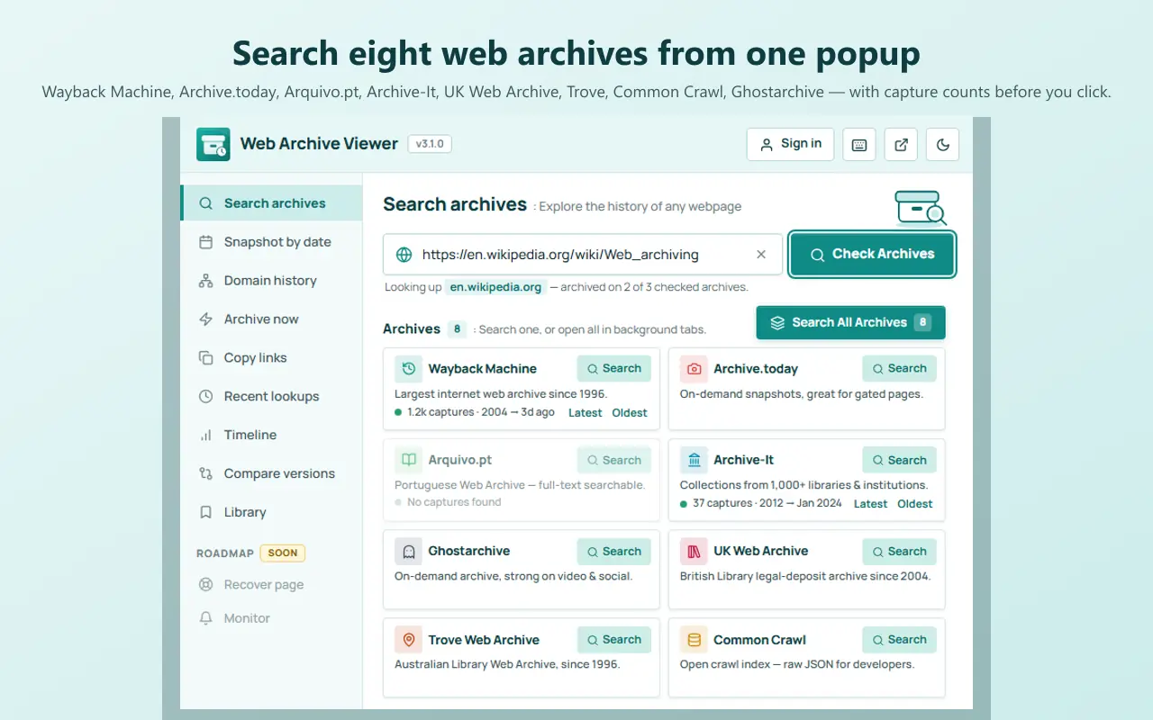 Web Archive Viewer popup with search buttons for eight web archives
