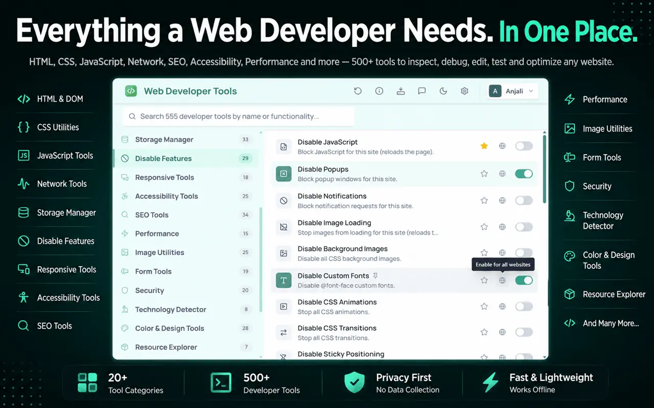 Web Developer Tools categories including HTML and DOM, CSS, network, storage, responsive and SEO tools