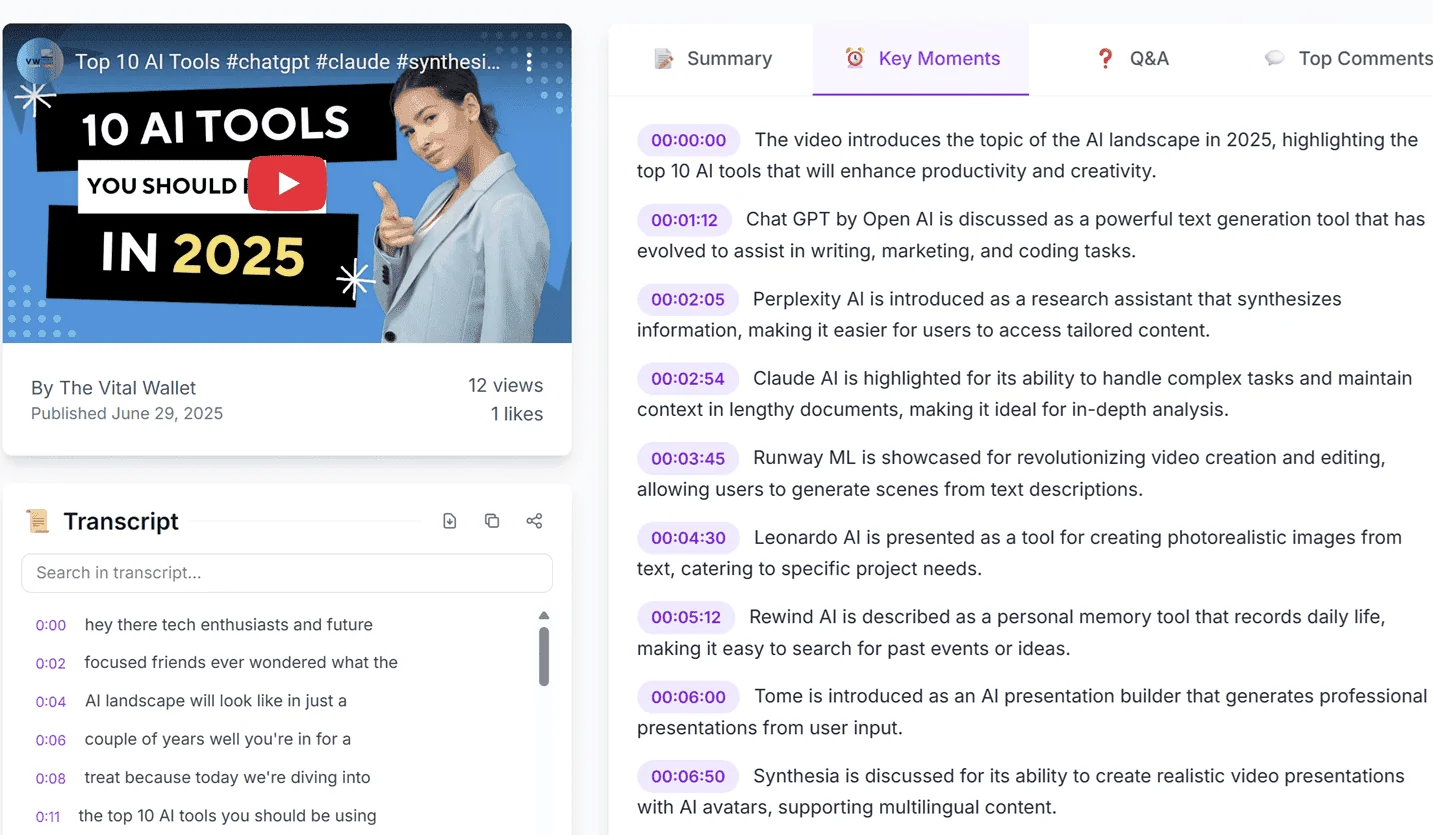 SummaryTube key moments with timestamps next to a video