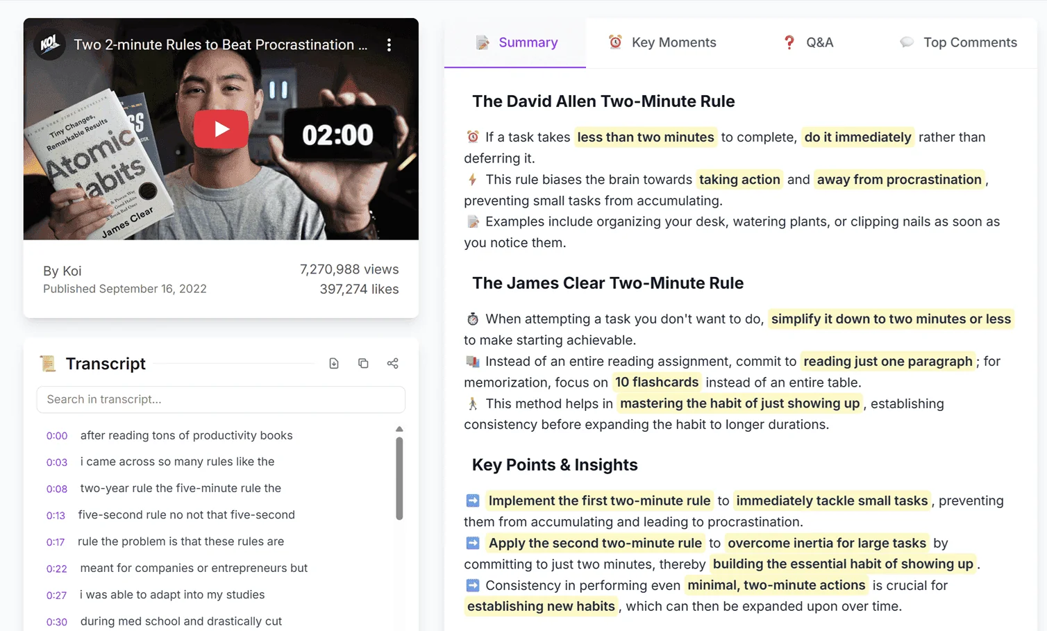 SummaryTube summary next to the video's transcript