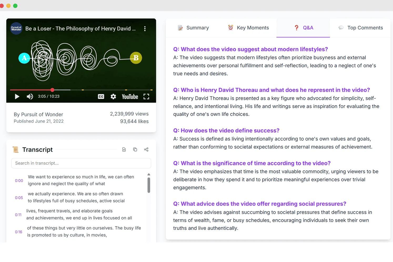 SummaryTube Q&A view with questions and answers drawn from a video