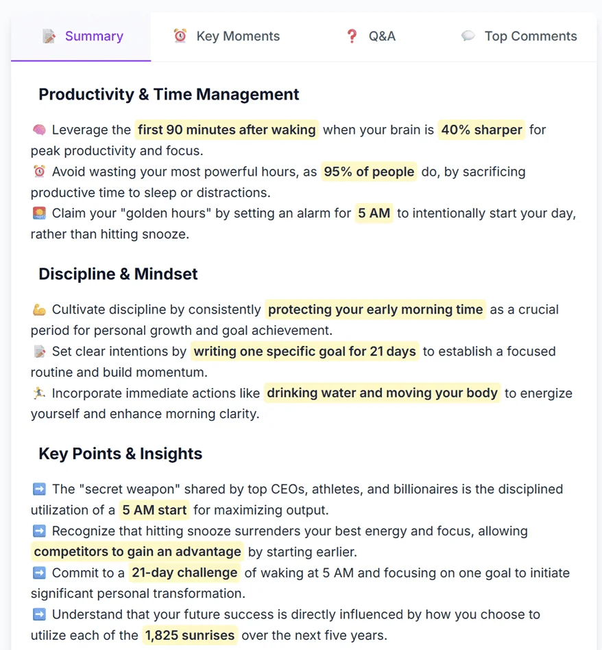 SummaryTube summary of a YouTube video, grouped into topics with highlighted key facts